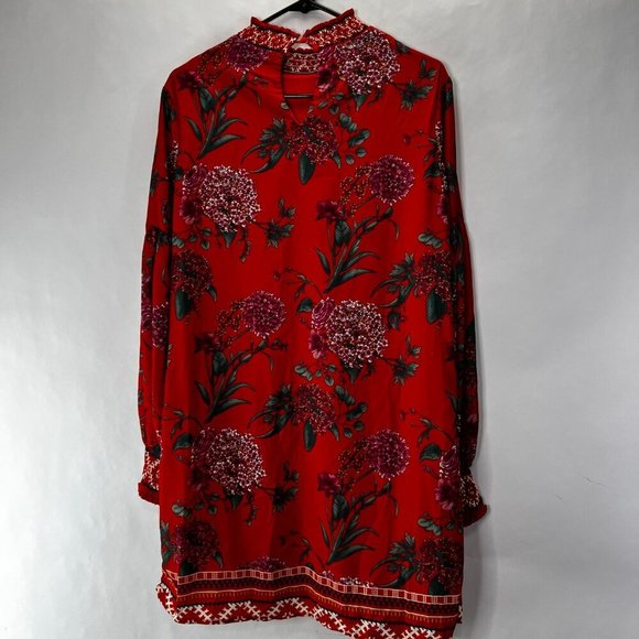 Flying Tomato Burnt Orange Floral Summer dress Size M Mock Neck Bubble Sleeve - Picture 2 of 6
